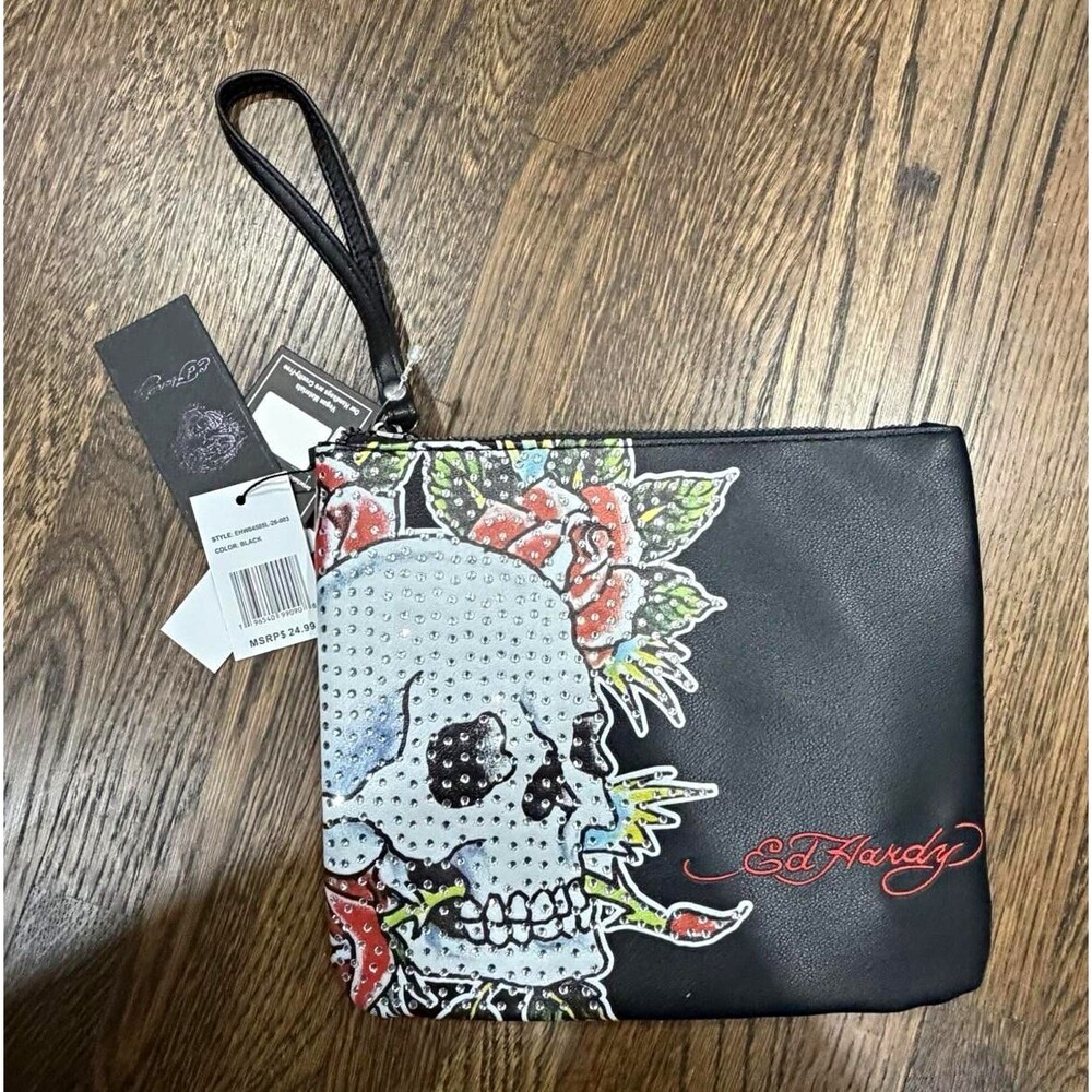 Ed Hardy black skull graphic print rhinestone zip wristlet clutch bag small